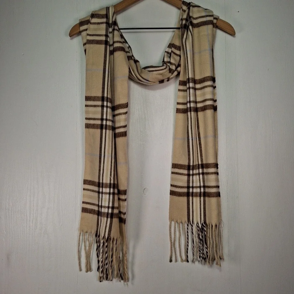 100% Cashmere Scarf Made in Scotland Tan Brown Plaid Check Fringe Winter Wrap